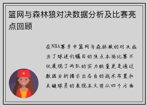 篮网与森林狼对决数据分析及比赛亮点回顾