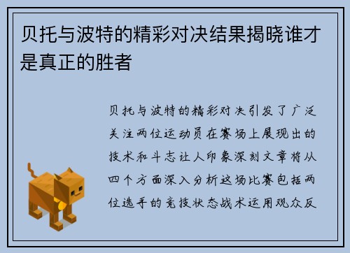 贝托与波特的精彩对决结果揭晓谁才是真正的胜者